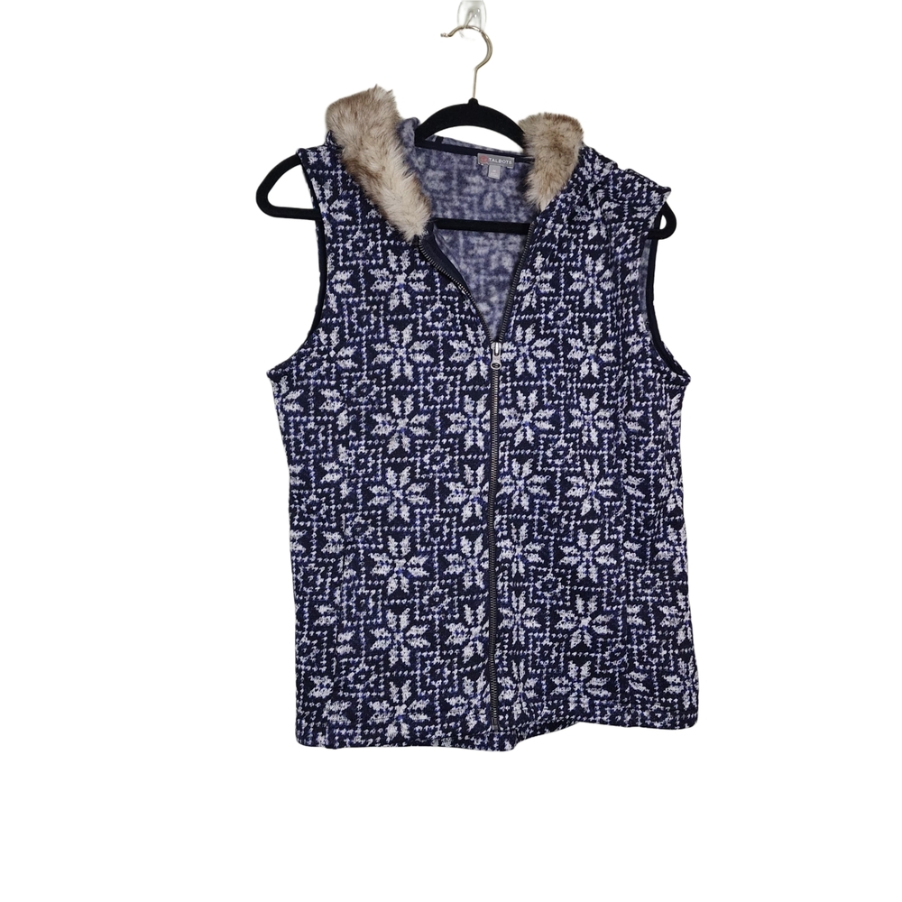 Talbots Blue and White Checkered Vest with Faux Fur Collar